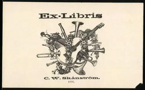 Exlibris C. W. Skanström, Musikinstrumnte und Blumengirlande