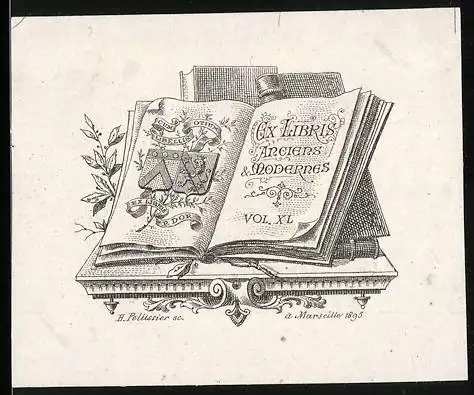 Exlibris von H. Pellissier für P. Dor, offenes Buch mit Wappen