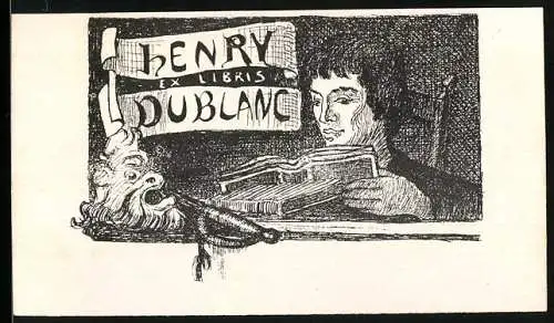 Exlibris Henry Dublanc, junger Mann liest ein Buch, Maske