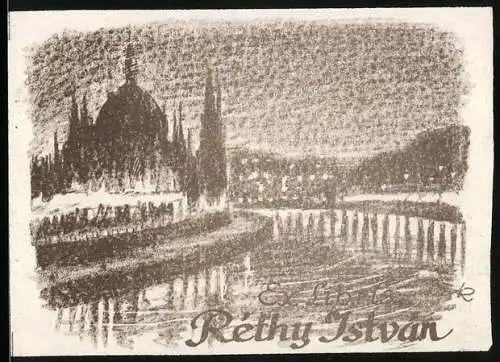 Exlibris Rethy Istvan, Stadtsilhouette mit Kathedrale am Flussufer