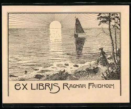 Exlibris Ragnar Fridholm, Segelboot bei Dämmerung in einer Bucht