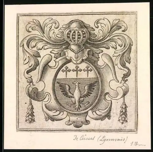 Exlibris Vogel im Wappen mit Ritterhelm und Ornamenten