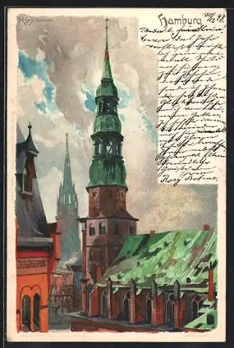 Künstler-Lithographie Heinrich Kley: Hamburg, Kirchmotiv