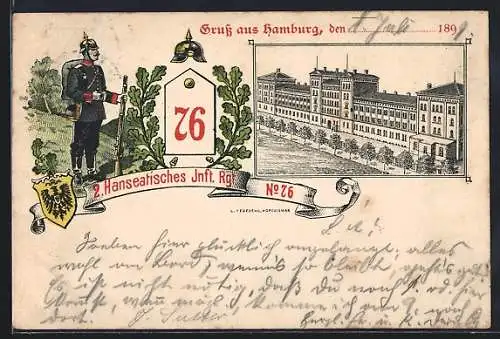 Lithographie Hamburg, 2. Hanseatisches Inft. Rgt. No. 76, Soldat und Kaserne