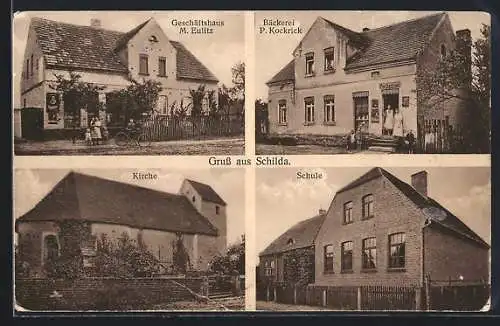 AK Schilda, Geschäftshaus M. Eulitz, Bäckerei P. Kockrick und Schule