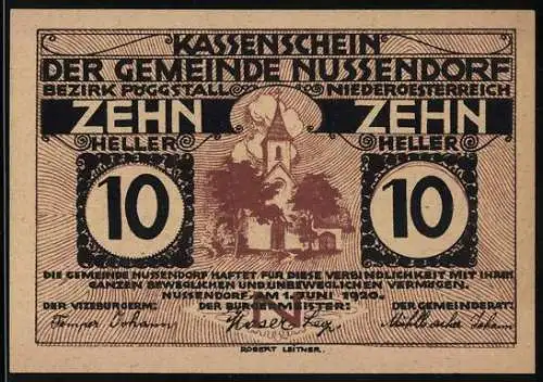 Notgeld Nussendorf 1920, 10 Heller, Kirche und dekorative Umrandung