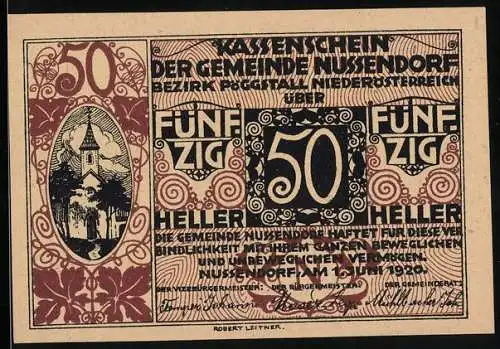 Notgeld Nussendorf 1920, 50 Heller, Kirche und dekoratives Muster