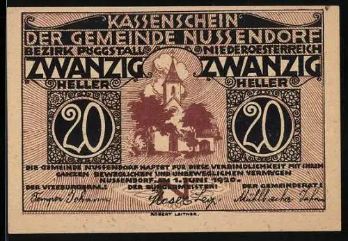 Notgeld Nussendorf 1920, 20 Heller, Kirche und Landschaftsmotiv