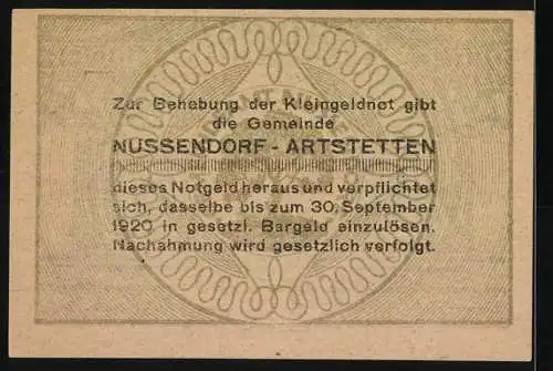 Notgeld Nussendorf 1920, 20 Heller, Kirche und Landschaftsmotiv