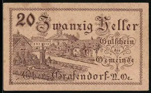 Notgeld Ober-Grafendorf 1920, 20 Heller, Dorflandschaft und kunstvolle Schriftzüge