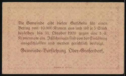 Notgeld Ober-Grafendorf 1920, 20 Heller, Dorflandschaft und kunstvolle Schriftzüge