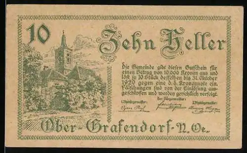 Notgeld Ober-Grafendorf 1920, 10 Heller, Kirche und Landschaftsmotiv, Eichenlaubornament