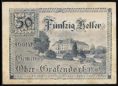 Notgeld Ober-Grafendorf 1920, 50 Heller, Schlossansicht, Gemeindewappen