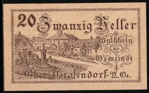 Notgeld Ober-Grafendorf 1920, 20 Heller, Dorflandschaft und Verzierungen