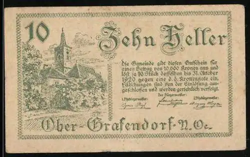 Notgeld Ober-Grafendorf 1920, 10 Heller, Kirche und Landschaft, florales Muster