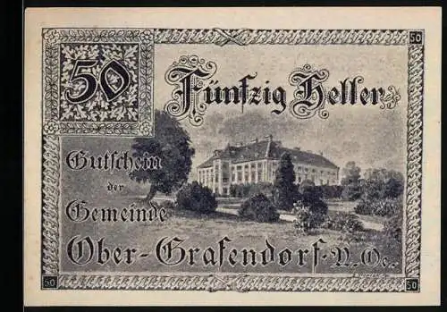 Notgeld Ober-Grafendorf 1920, 50 Heller, Schlossansicht und Wappen der Gemeinde