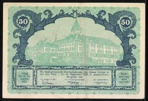 Notgeld Oberhollabrunn 1920, 50 Heller, kunstvolle Ornamente, Stadtansicht mit Rathaus