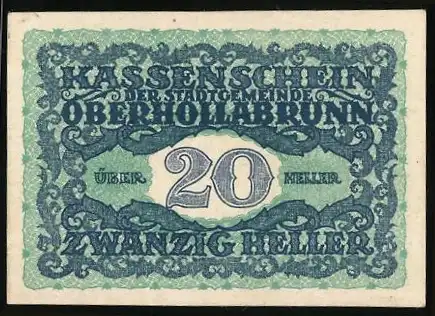 Notgeld Oberhollabrunn 1920, 20 Heller, Stadtansicht und dekoratives Muster