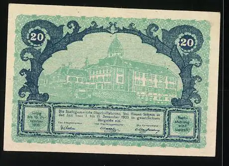 Notgeld Oberhollabrunn 1920, 20 Heller, Stadtansicht und dekoratives Muster