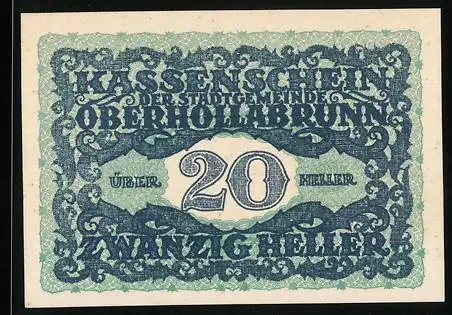 Notgeld Oberhollabrunn 1920, 20 Heller, verzierte Schrift und Gebäudeansicht