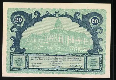 Notgeld Oberhollabrunn 1920, 20 Heller, verzierte Schrift und Gebäudeansicht