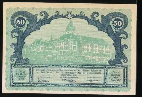 Notgeld Oberhollabrunn 1920, 50 Heller, Rathaus mit dekorativem Rahmen