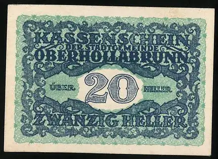 Notgeld Oberhollabrunn 1920, 20 Heller, Rathausansicht und Ziermuster