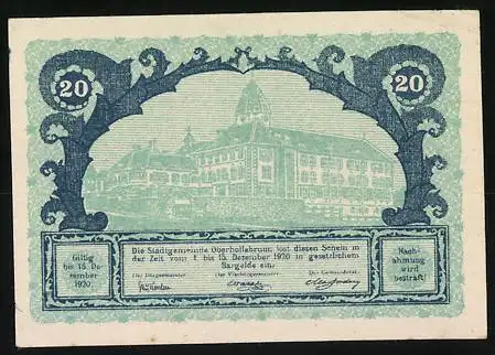 Notgeld Oberhollabrunn 1920, 20 Heller, Rathausansicht und Ziermuster