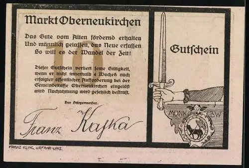 Notgeld Oberneukirchen, 10 Heller, Oberer Markt mit Kirche und Schwert mit Wappen