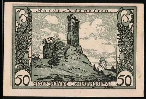 Notgeld Oberneukirchen 1922, 50 Heller, Ruine Lobenstein, Schwert und Wappen