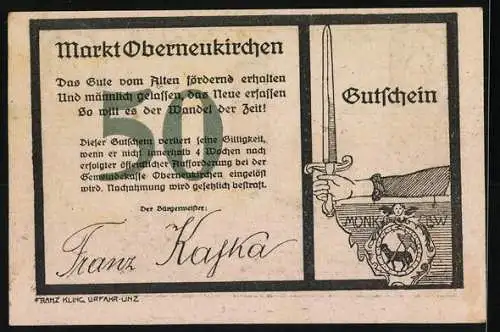 Notgeld Oberneukirchen 1922, 50 Heller, Ruine Lobenstein, Schwert und Wappen