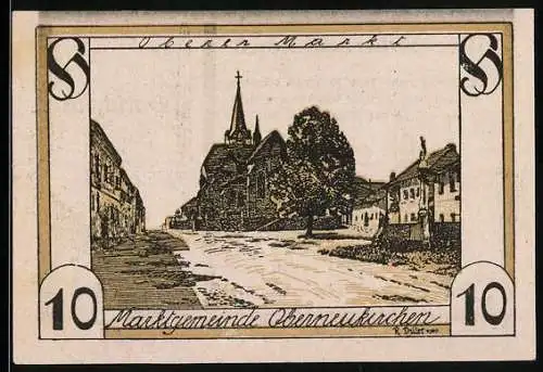 Notgeld Oberneukirchen 1920, 10 Heller, Obermarktansicht und Schwert mit Wappen