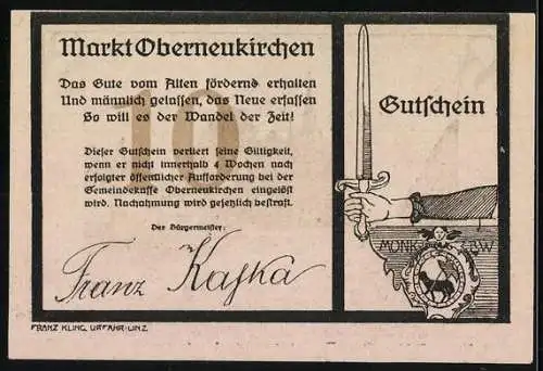 Notgeld Oberneukirchen 1920, 10 Heller, Obermarktansicht und Schwert mit Wappen