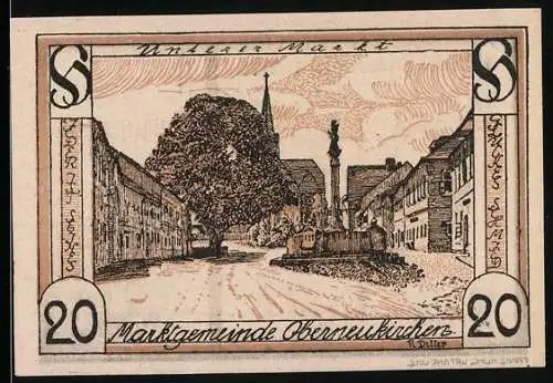 Notgeld Oberneukirchen, 20 Heller, Marktplatzansicht mit Baum und Denkmal, Schwert und Wappen