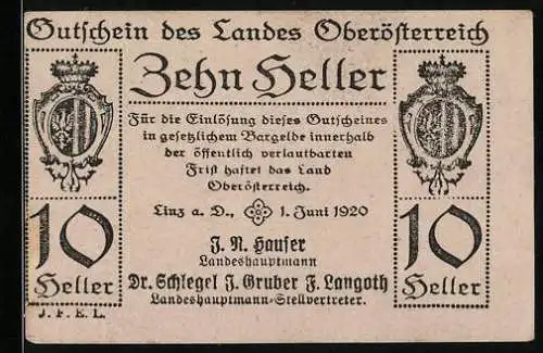 Notgeld Linz / Oberösterreich 1920, 10 Heller, Wappen und Signaturen, Linz