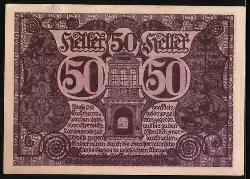 Notgeld Linz / Oberösterreich 1920, 50 Heller, Architektur und dekorative Ornamente