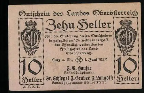 Notgeld Linz / Oberösterreich 1920, 10 Heller, Wappen und Text