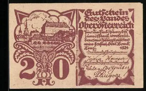 Notgeld Linz / Oberösterreich 1921, 20 Heller, Landschaftsansichten und Architektur