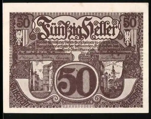 Notgeld Linz / Oberösterreich 1920, 50 Heller, Gebäude und Landschaftsmotive