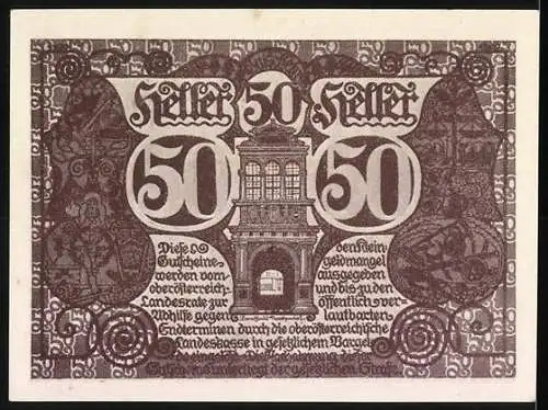 Notgeld Linz / Oberösterreich 1920, 50 Heller, Gebäude und Landschaftsmotive