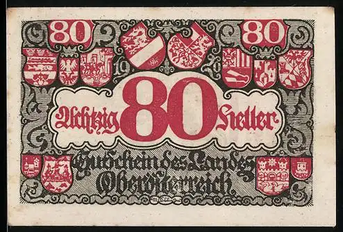 Notgeld Linz / Oberösterreich 1920, 80 Heller, diverse Wappen und kunstvolle Ornamentik