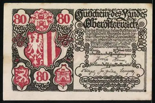 Notgeld Linz / Oberösterreich 1920, 80 Heller, diverse Wappen und kunstvolle Ornamentik