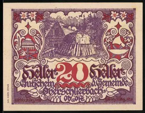 Notgeld Oberschlierbach, 20 Heller, ländliche Szenen und dekorative Muster