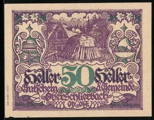 Notgeld Oberschlierbach, 50 Heller, ländliche Szene und dekorative Muster