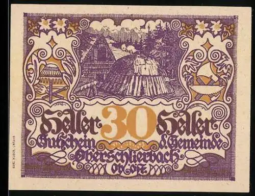 Notgeld Oberschlierbach 1920, 30 Heller, ländliche Szene mit Kohlenmeiler, Gebäuden und Landschaftsmotiven