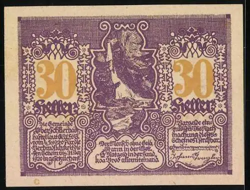 Notgeld Oberschlierbach 1920, 30 Heller, ländliche Szene mit Kohlenmeiler, Gebäuden und Landschaftsmotiven