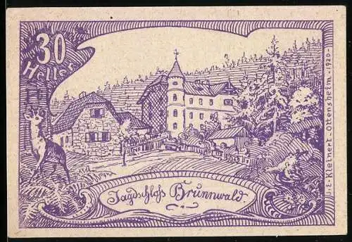 Notgeld Oberweissenbach 1920, 30 Heller, Jagdschloss Brunnwald Illustration