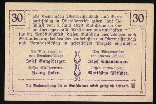 Notgeld Oberweissenbach 1920, 30 Heller, Jagdschloss Brunnwald Illustration