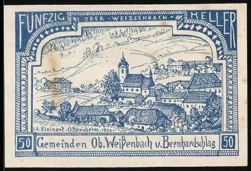 Notgeld Oberweissenbach 1920, 50 Heller, Stadtansicht mit Kirche und Landschaft