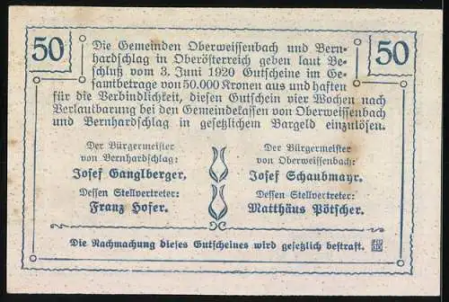 Notgeld Oberweissenbach 1920, 50 Heller, Stadtansicht mit Kirche und Landschaft